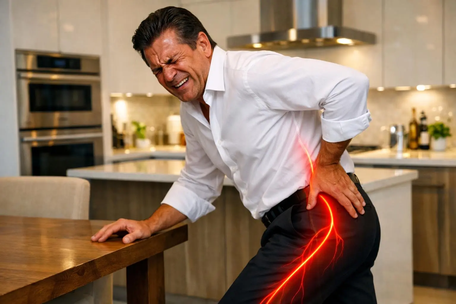 Mann mit Ischiasschmerzen greift sich an den Rücken