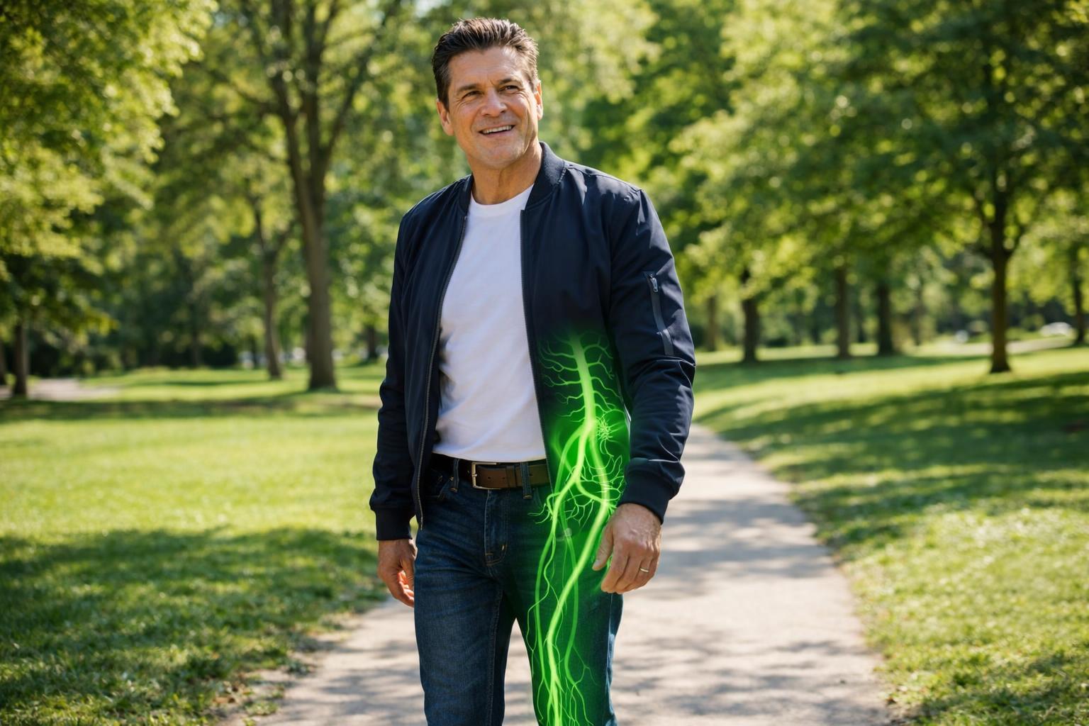 Mann geht schmerzfrei im Park spazieren – Ischiasnerv-Körperpflaster Ergebnis
